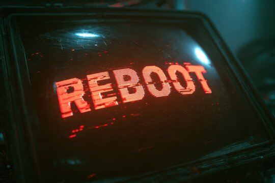 Digital display showing a reboot message with data corruption and warning signs