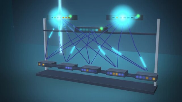 Leaf and spine network switches with data links close-up