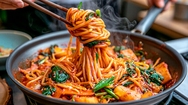 Spicy asian noodles with vegetables and greens lifted by chopsticks from a hot steaming pan, freshly cooked savory meal with rich red sauce