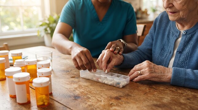Caregiver Organizing Weekly Medication for Elderly Person at Home