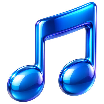 Shiny blue 3D music note symbol with glossy metallic surface reflection isolated on a transparent background