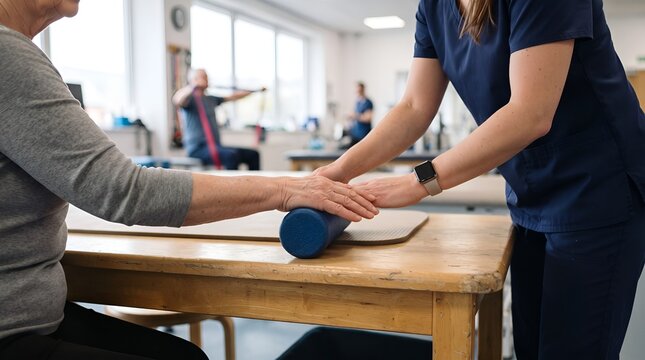 Older Adult Wrist Mobility Exercise With Physiotherapist and Therapy Roller