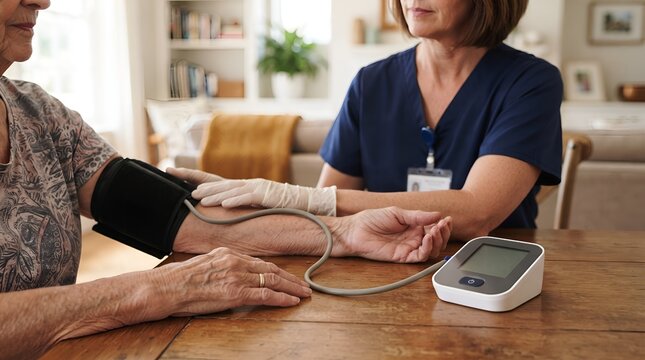 Home Nurse Measuring Senior Blood Pressure With Digital Monitor