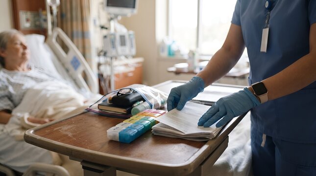 Nurse Preparing Hospital Discharge Kit for Elderly Patient