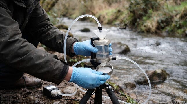 Scientist Filtering River Water for Microplastic Pollution Sampling