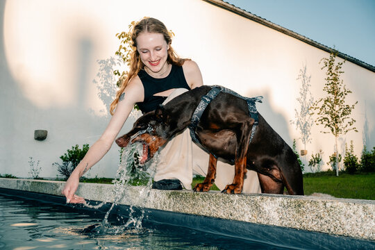 Dog and Owner Play by the Pool on a Sunny Afternoon