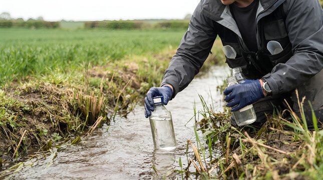 Scientist Collecting Farmland Drainage Water for Nutrient Pollution Monitoring