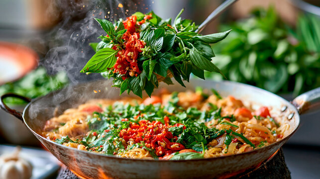 Spicy asian noodles cooking in a steaming wok with fresh basil, red chili and herbs, creating a vibrant aromatic meal with bold flavors