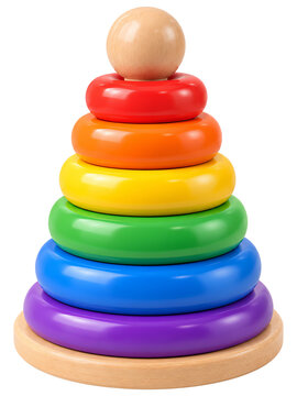 Wooden stacking toy with colorful rings and a sphere in rainbow order isolated on a transparent background