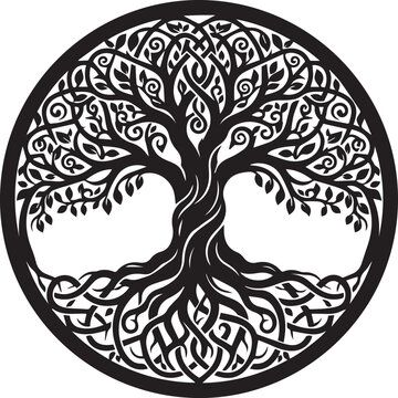 Tree of life emblem featuring intricate celtic knots roots branches