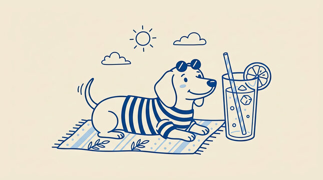 Vector drawn art cute dachshund dog lying on a beach towel with sunglasses and lemonade drink summer vacation sun hat tropical drink cute puppy relaxing ani