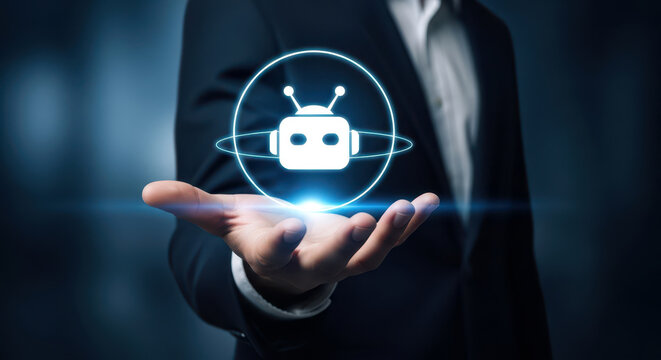 Businessman's hand presenting a glowing robot icon with orbiting rings