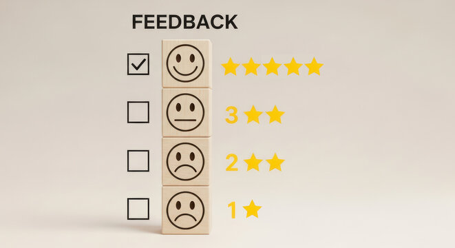 Customer feedback survey with smiley faces and star ratings