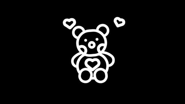 Cute teddy bear icon with heart animation on black background