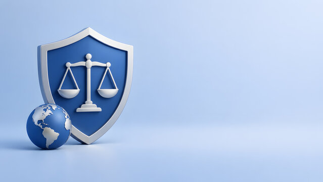 Shield with balanced scale and globe symbolizing human rights protection, flat 3D illustration