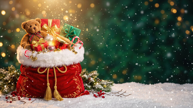 Teddy bear in a red Santa sack overflowing with wrapped gifts and candy canes on snow with golden glitter and green bokeh, Christmas toys for kids and charity toy drive
