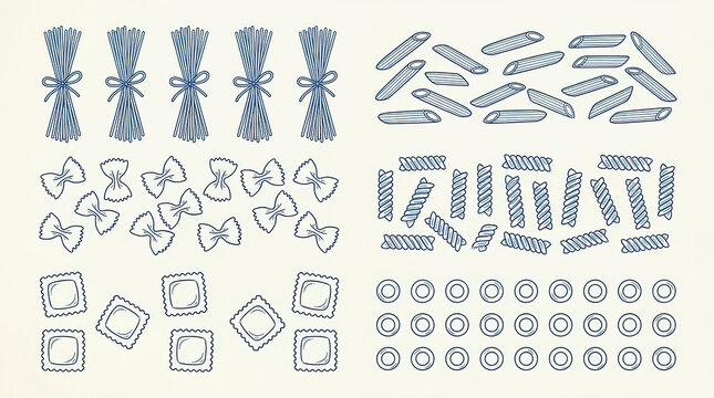 Vector drawn art patterns of various italian pasta shapes and decorative elements with italian food penne pasta bow tie pasta ravioli icons cooking ingredien