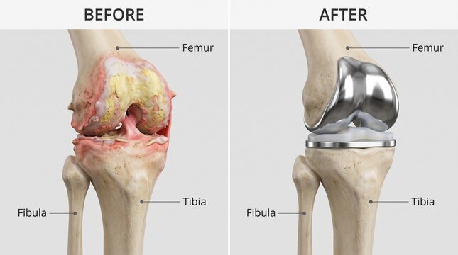 Knee replacement surgery comparison showing arthritic joint and implant