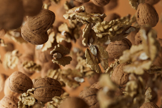 Macro View of Floating Walnuts and Kernels