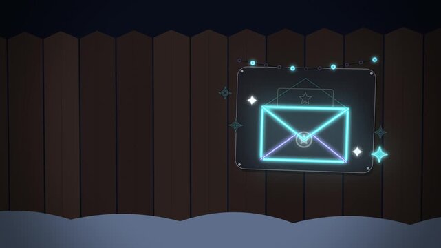 Neon letter to santa sign lighting up on snowy fence full scene
