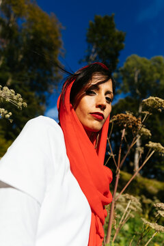 Woman Wearing Red Scarf