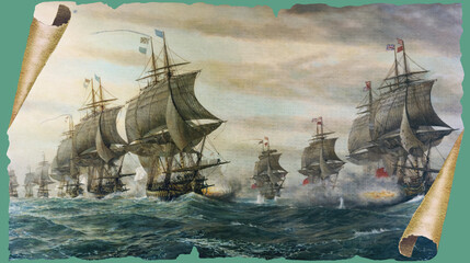 Seeschlacht vor der Chesapeake Bay 1781 – Segelkriegsschiffe in dekorativer Pergamentoptik © mitifoto