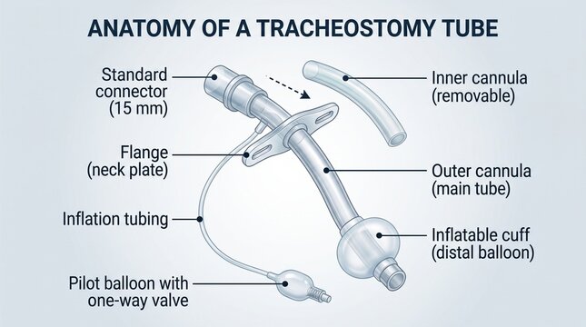 Tracheostomy tube anatomy and parts medical illustration