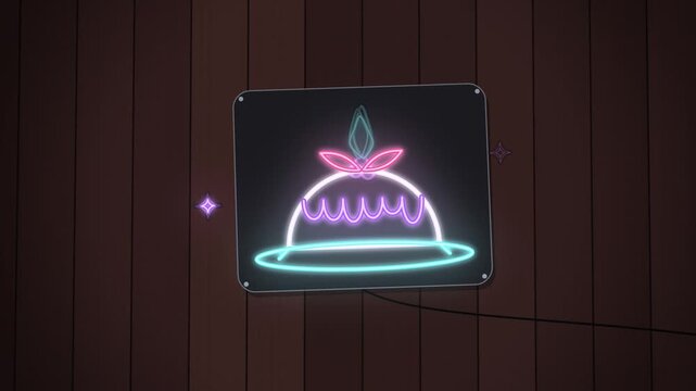 Neon christmas pudding sign flickering on wooden wall detail view