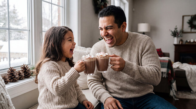 A father and daughter toast with hot cocoa mugs by the window, radiating loving Hot Cocoa Day warmth for social content.