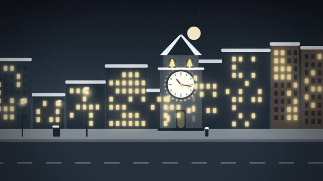 Town hall clock tower on snowy city street at night building up