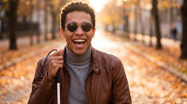 A young mixed-race visually impaired man with a white cane laughs on an autumn street for World Braille Day awareness posters.