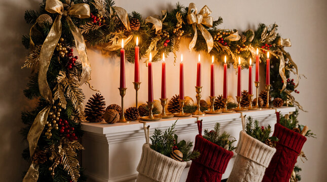Gold garland mantel brings cozy December winter holiday home celebration with festive Christmas season decoration for banners.