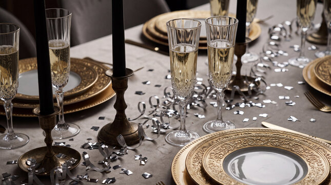 Luxury gold charger plate table brings festive December New Year's Eve holiday winter season countdown celebration party decoration for cards.