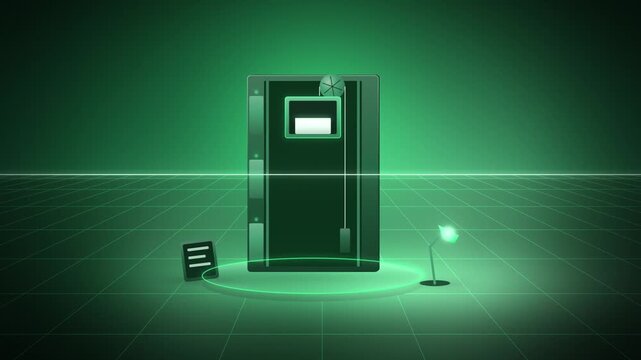 Green document lift with landing hatches close-up