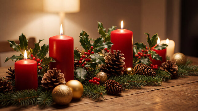 Table centerpiece with candles brings cozy December winter holiday home celebration with festive Christmas season decoration for posters.