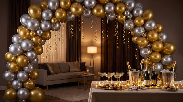 Living room balloon arch celebration brings festive December New Year's Eve holiday winter season countdown celebration party decoration for backgrounds.