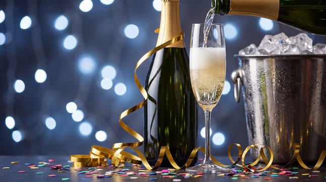 Champagne bottle and glass pour brings festive December New Year's Eve holiday winter season countdown celebration party decoration for banners.
