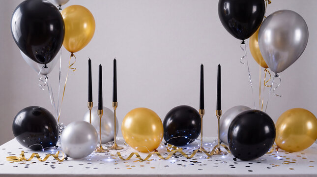 Black and gold balloon table brings festive December New Year's Eve holiday winter season countdown celebration party decoration for cards.