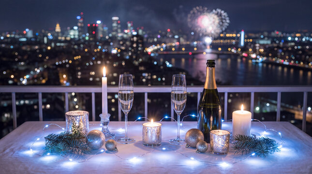 Balcony table city fireworks brings festive December New Year's Eve holiday winter season countdown celebration party decoration for backgrounds.