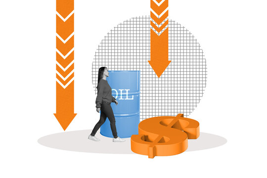 Creative sketch 3d collage poster of happy happy inexperienced businesswoman stand arrow regress bankruptcy oil barrel taxation