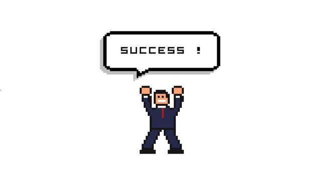 Pixel art businessman character celebrating success with speech bubble animation video