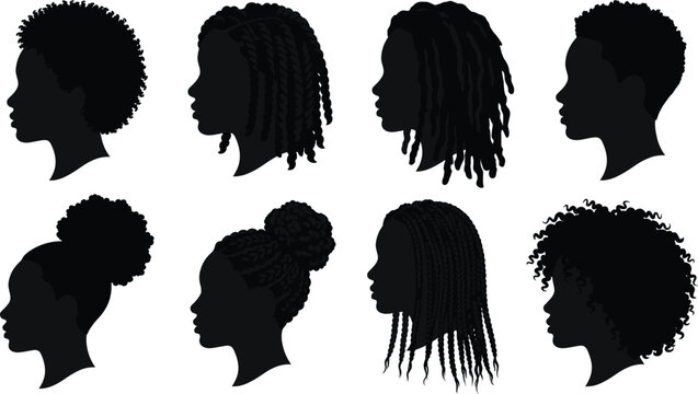 Set of black silhouettes of diverse African American women head profiles showcasing natural hairstyles isolated on white background