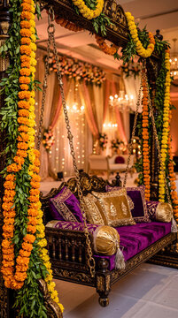 Traditional Indian wedding wooden jhula swing decorated with fresh marigold flower garlands, royal purple velvet cushions, and glowing lanterns inside a luxurious wedding venue.