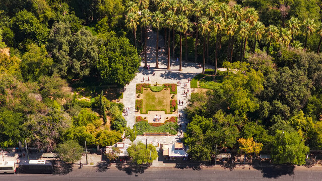 National Garden Athens aerial view showing palm trees and city park.