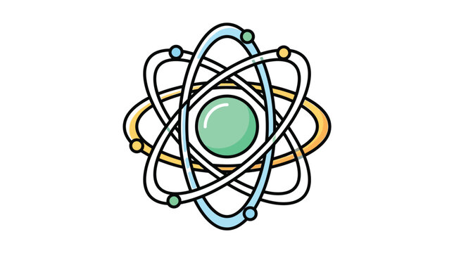 Colorful atomic structure vector graphic with orbiting electrons and nucleus symbol on white background