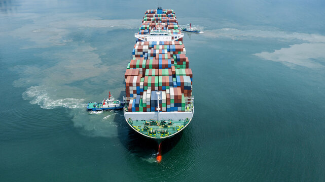 Front Aerial View of Fully Loaded Container Ship