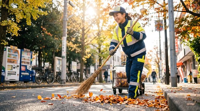 Dynamic Action Shot of Smiling Japanese Street Sweeper at Work