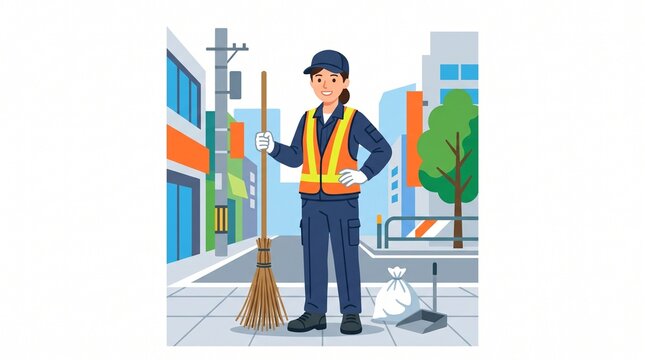 Japanese Female Street Cleaner Vector Illustration Flat Design