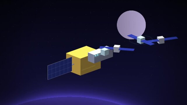 Indigo cubesat dispenser releasing small satellites in moonlit orbit