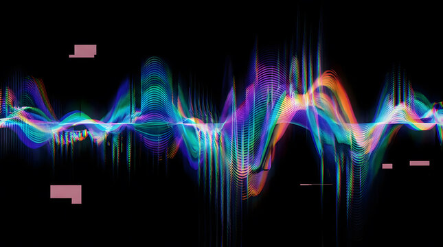 Colorful digital sound wave visualization with glitch effect on black background for music technology